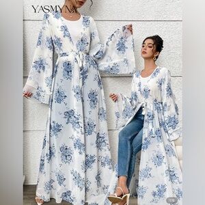 Yasmyna Women's Floral Print Flare Sleeve Elegant Arabic Abaya